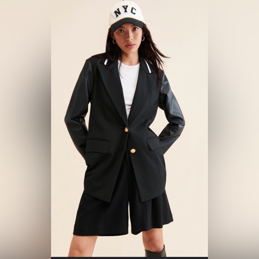 Avec Les Filles Mixed Media Blazer with Leather Sleeves